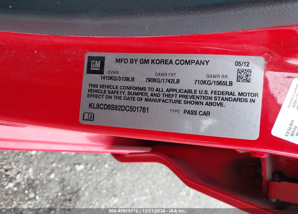 2013 CHEVROLET SPARK 1LT AUTO VIN: KL8CD6S92DC501761