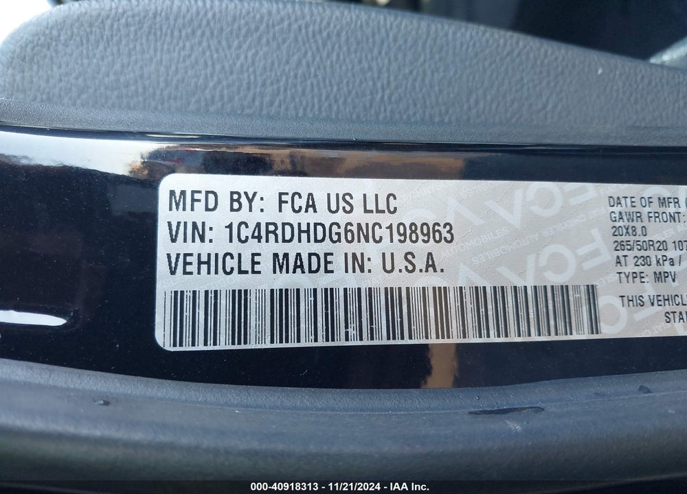 2022 DODGE DURANGO GT PLUS RWD VIN: 1C4RDHDG6NC198963
