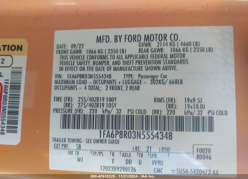 2022 FORD MUSTANG VIN: 1FA6P8R03N5554348