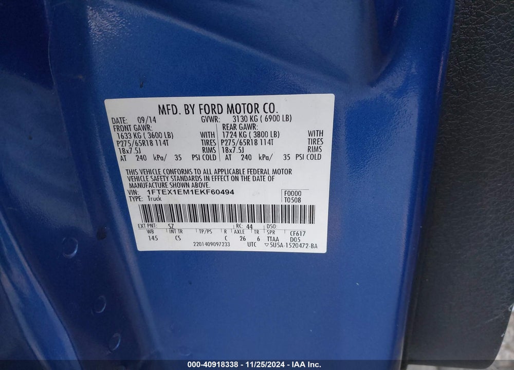 2014 FORD F-150 STX VIN: 1FTEX1EM1EKF60494