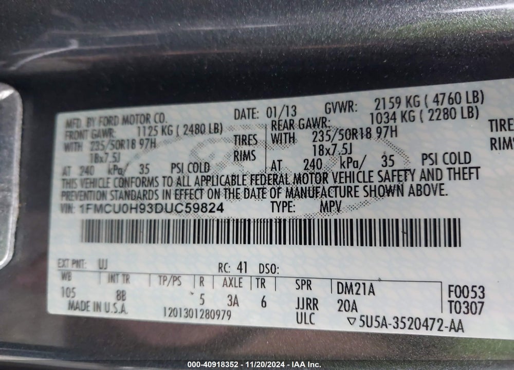 2013 FORD ESCAPE SEL VIN: 1FMCU0H93DUC59824
