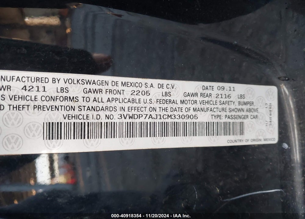 2012 VOLKSWAGEN JETTA 2.5L SE VIN: 3VWDP7AJ1CM330905