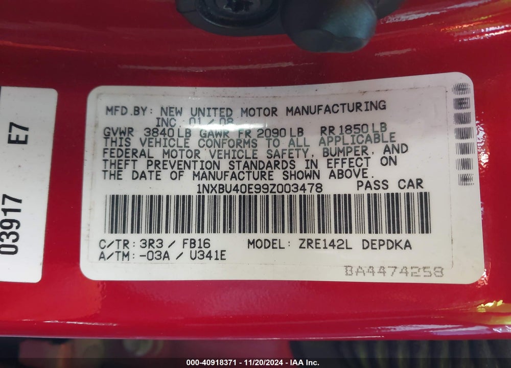 2009 TOYOTA COROLLA LE VIN: 1NXBU40E99Z003478