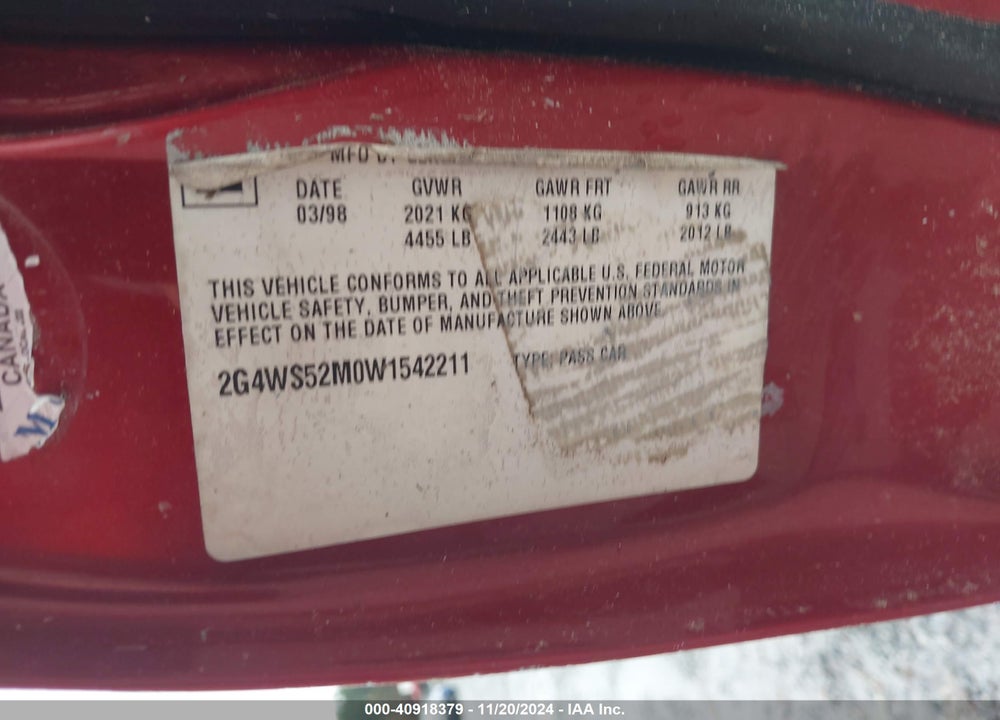 1998 BUICK CENTURY CUSTOM VIN: 2G4WS52M0W1542211