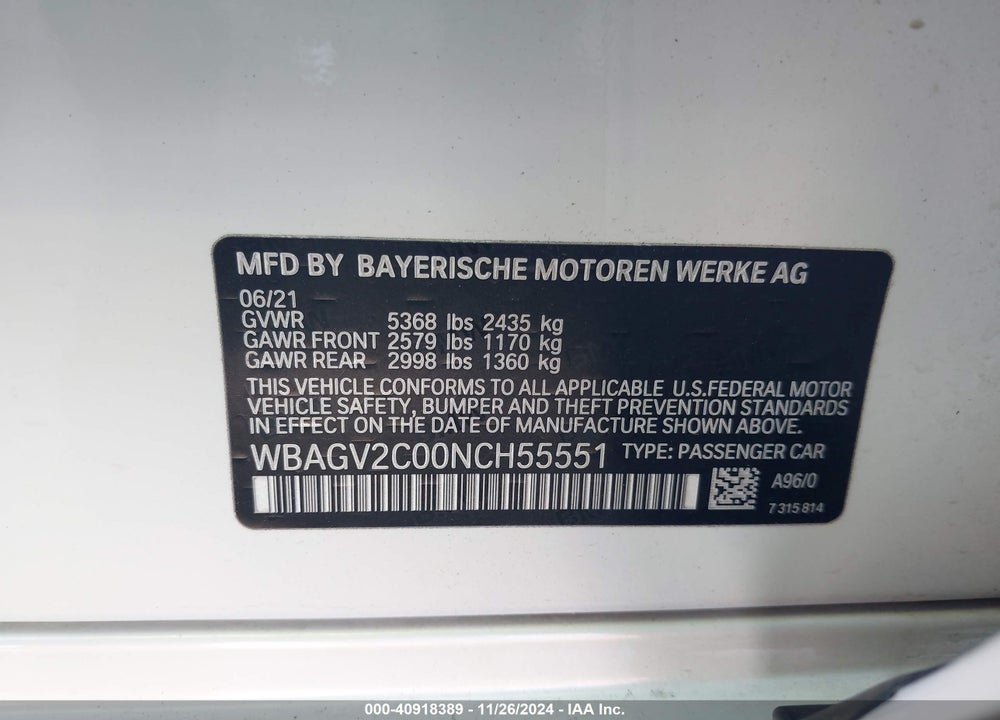 2022 BMW 840 GRAN COUPE I VIN: WBAGV2C00NCH55551