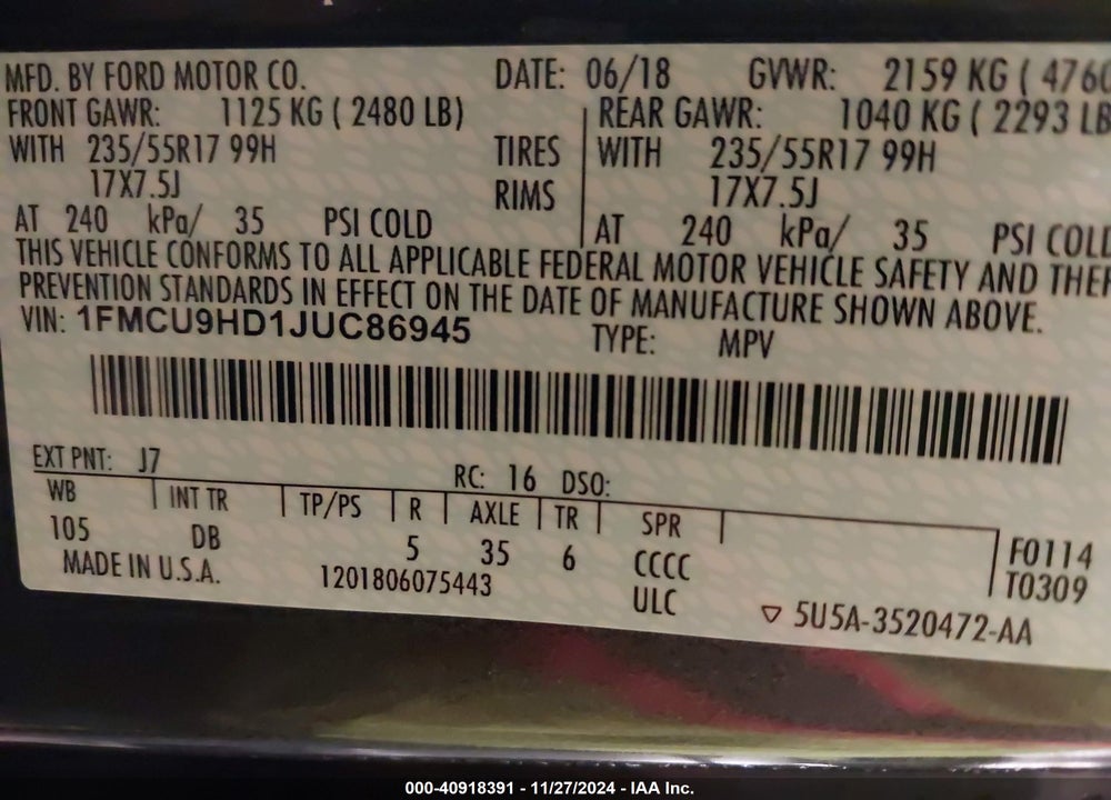 2018 FORD ESCAPE SEL VIN: 1FMCU9HD1JUC86945