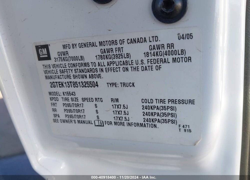 2005 GMC SIERRA 1500 SLE VIN: 2GTEK13T851325504