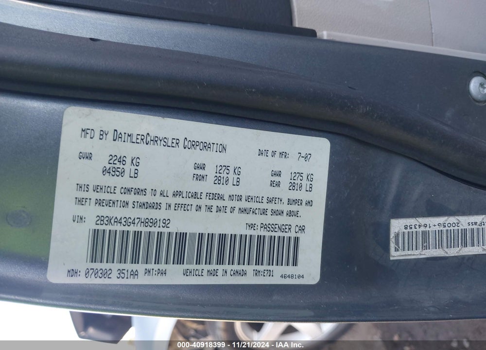 2007 DODGE CHARGER VIN: 2B3KA43G47H890192