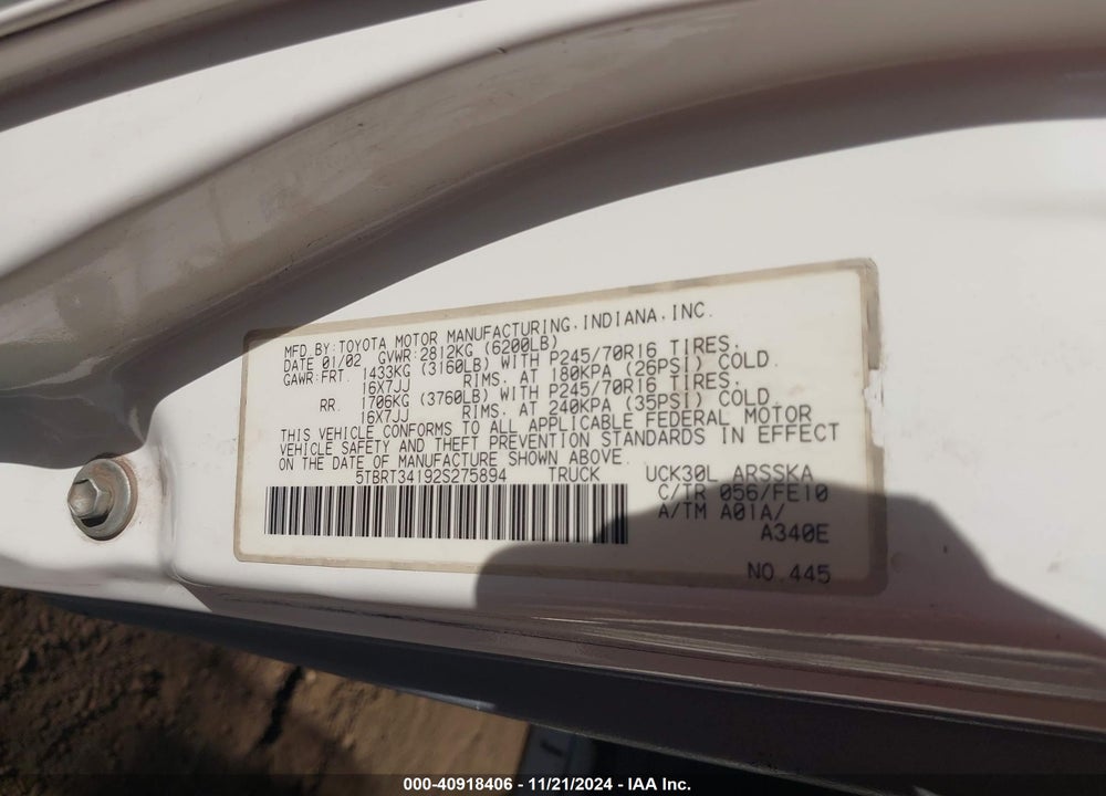 2002 TOYOTA TUNDRA SR5 V8 VIN: 5TBRT34192S275894