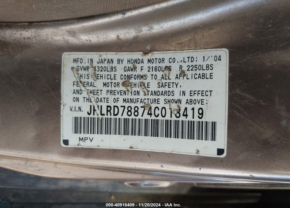 2004 HONDA CR-V EX VIN: JHLRD78874C018419