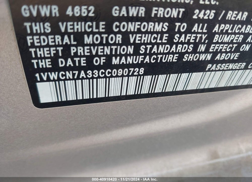 2012 VOLKSWAGEN PASSAT 2.0L TDI SEL PREMIUM VIN: 1VWCN7A33CC090728