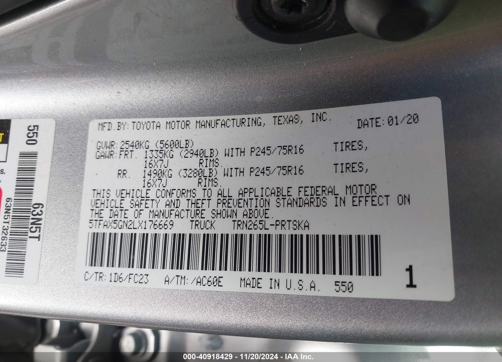 2020 TOYOTA TACOMA SR5 VIN: 5TFAX5GN2LX176669
