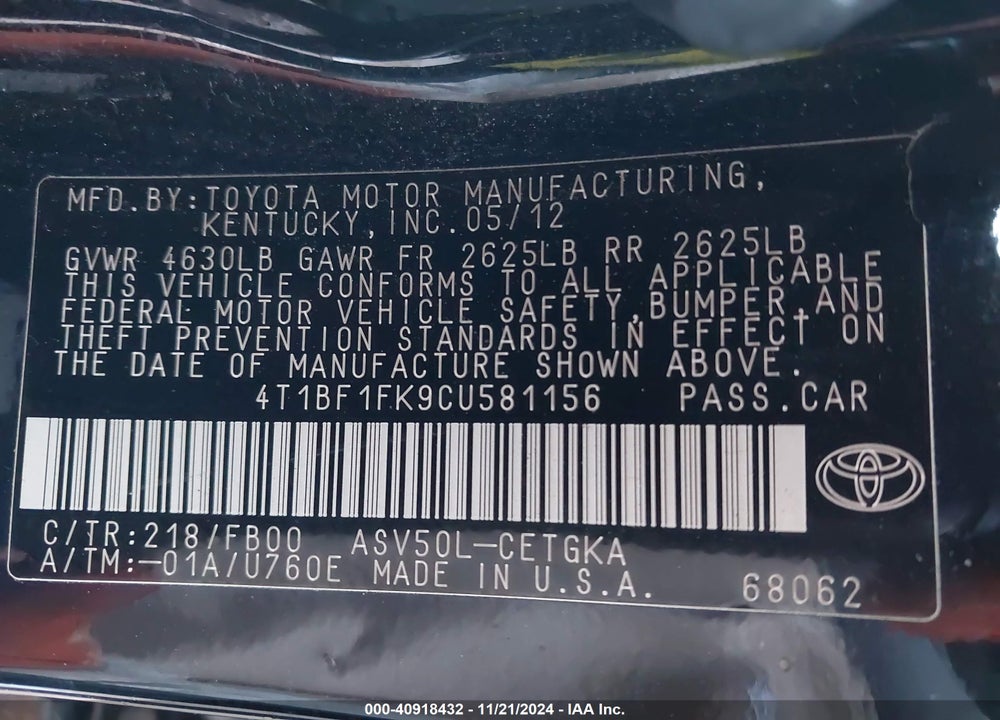 2012 TOYOTA CAMRY XLE VIN: 4T1BF1FK9CU581156