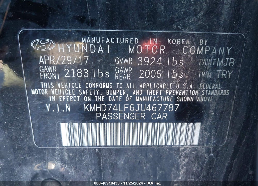 2018 HYUNDAI ELANTRA SE VIN: KMHD74LF6JU467787