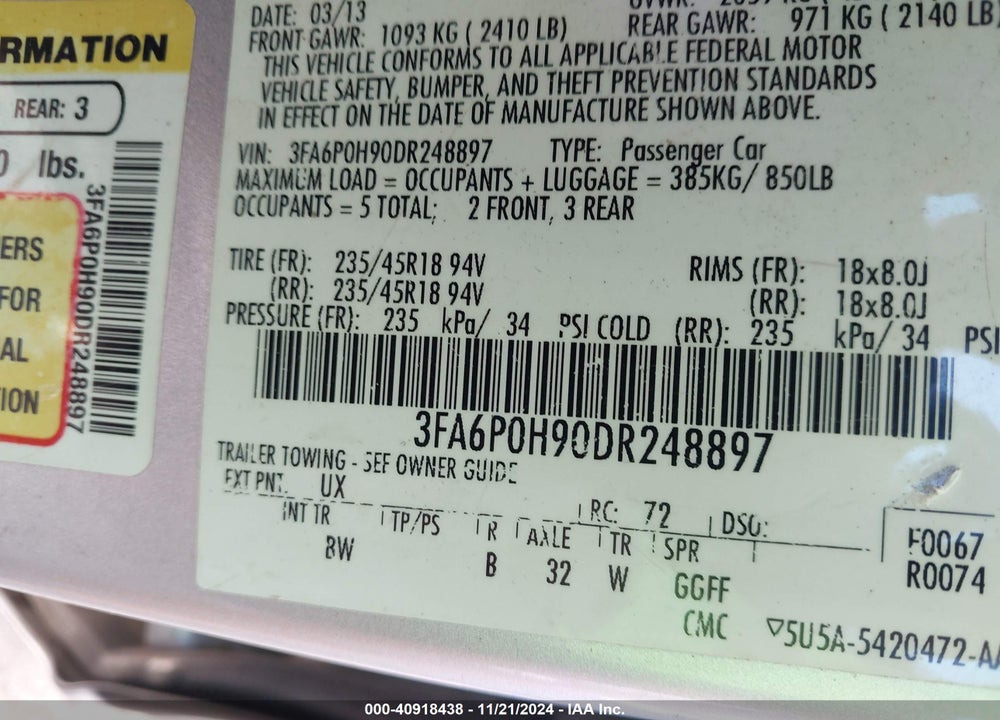 2013 FORD FUSION SE VIN: 3FA6P0H90DR248897