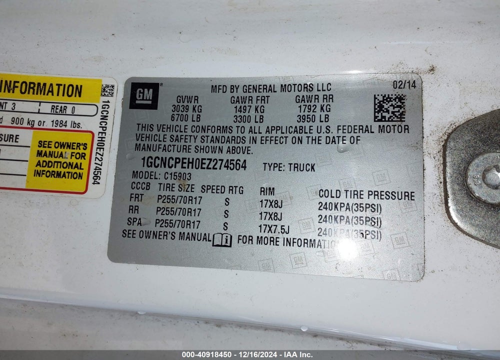 2014 CHEVROLET SILVERADO 1500 WORK TRUCK 1WT VIN: 1GCNCPEH0EZ274564
