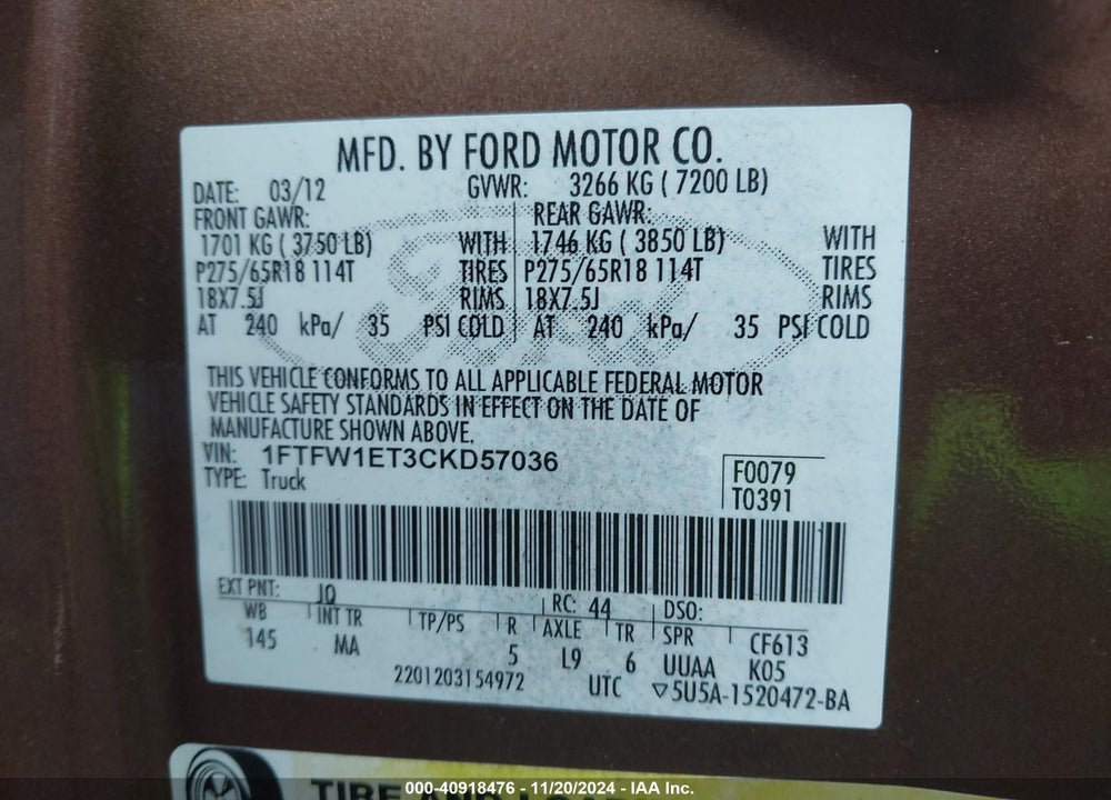 2012 FORD F-150 XLT VIN: 1FTFW1ET3CKD57036