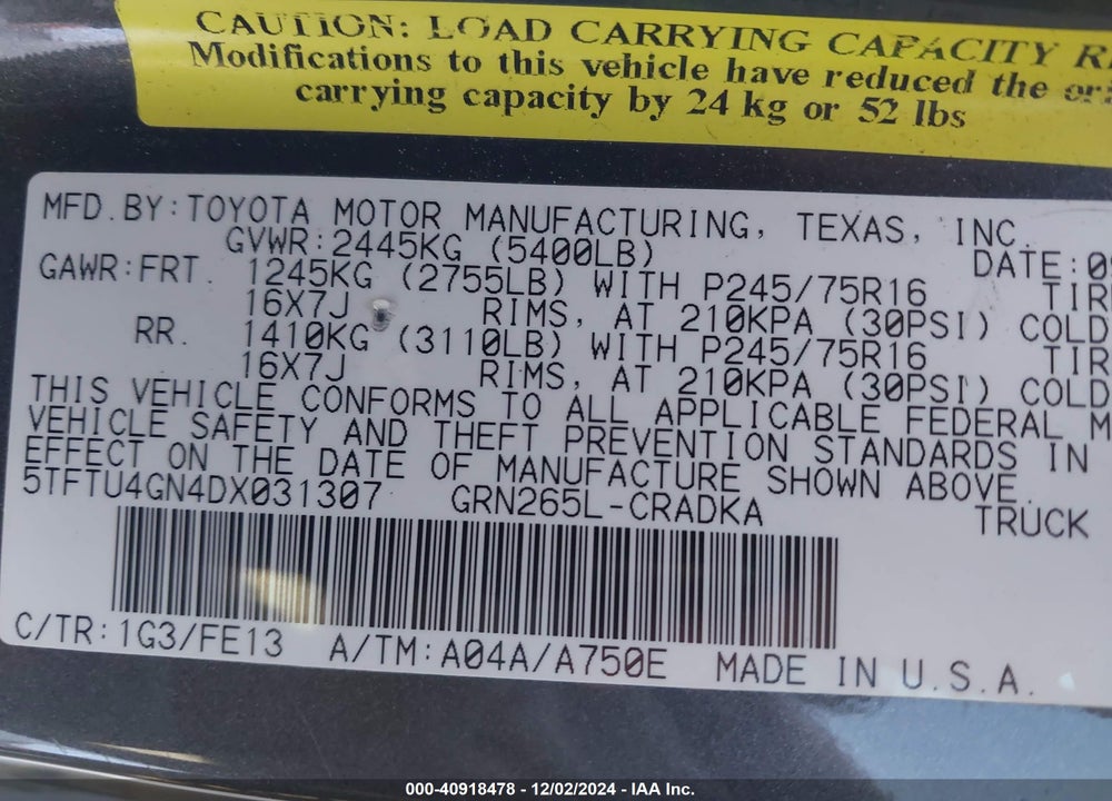 2013 TOYOTA TACOMA VIN: 5TFTU4GN4DX031307