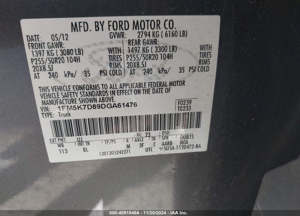 2013 FORD EXPLORER XLT VIN: 1FM5K7D89DGA61476
