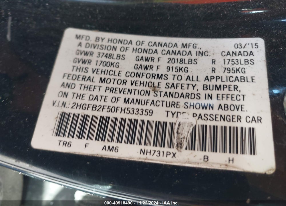 2015 HONDA CIVIC LX VIN: 2HGFB2F50FH533359