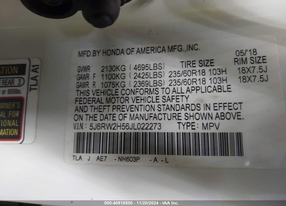 2018 HONDA CR-V EX VIN: 5J6RW2H56JL022273