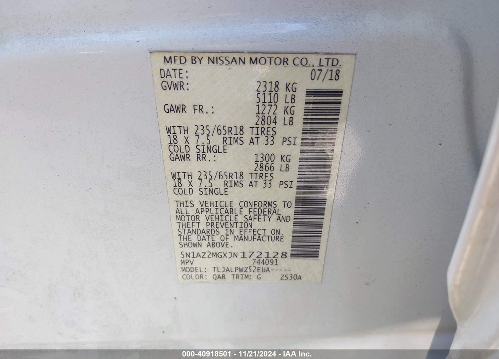2018 NISSAN MURANO S VIN: 5N1AZ2MGXJN172128
