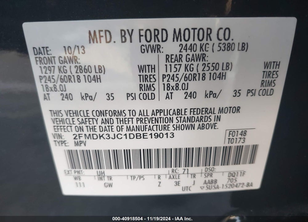 2013 FORD EDGE SEL VIN: 2FMDK3JC1DBE19013
