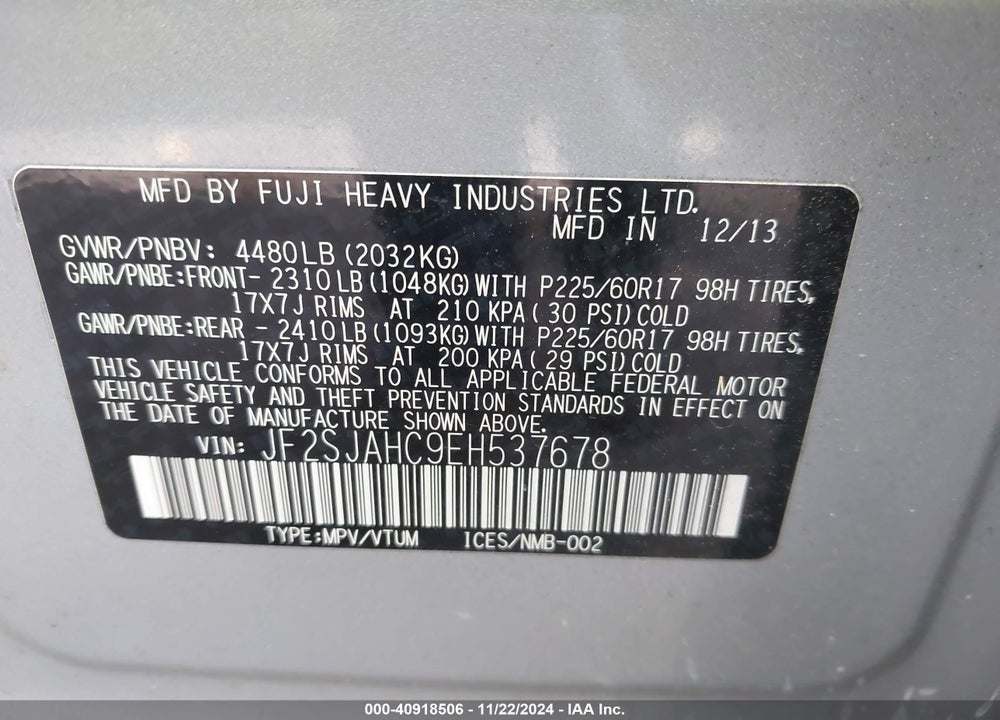 2014 SUBARU FORESTER 2.5I LIMITED VIN: JF2SJAHC9EH537678