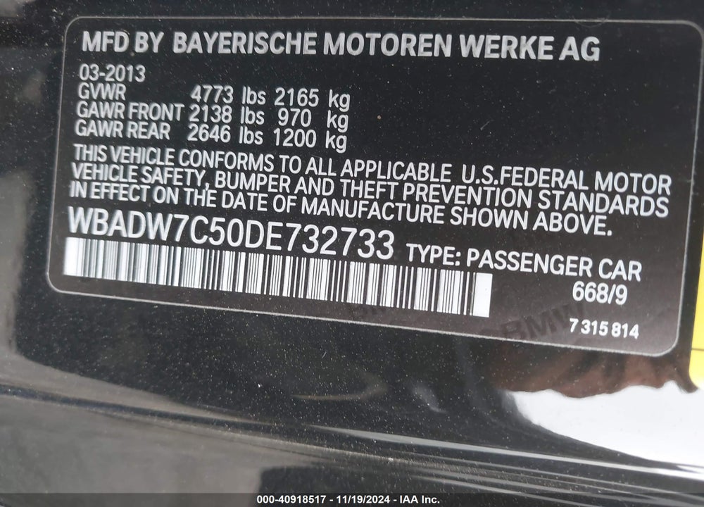 2013 BMW 328I VIN: WBADW7C50DE732733