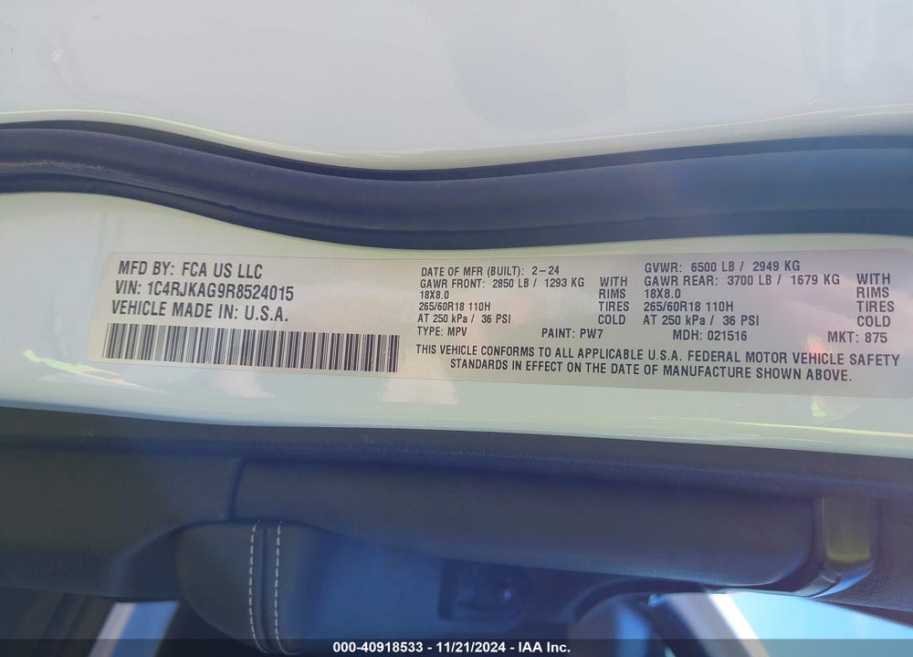 2024 JEEP GRAND CHEROKEE L ALTITUDE 4X4 VIN: 1C4RJKAG9R8524015