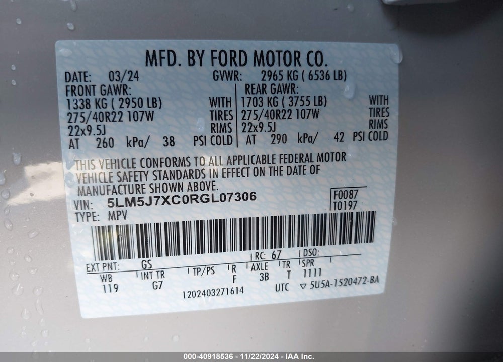 2024 LINCOLN AVIATOR RESERVE VIN: 5LM5J7XC0RGL07306