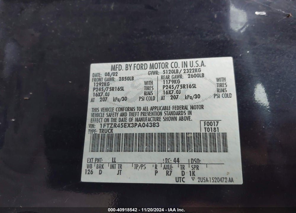 2003 FORD RANGER EDGE/XLT/XLT FX4 OFF-ROAD VIN: 1FTZR45EX3PA04383