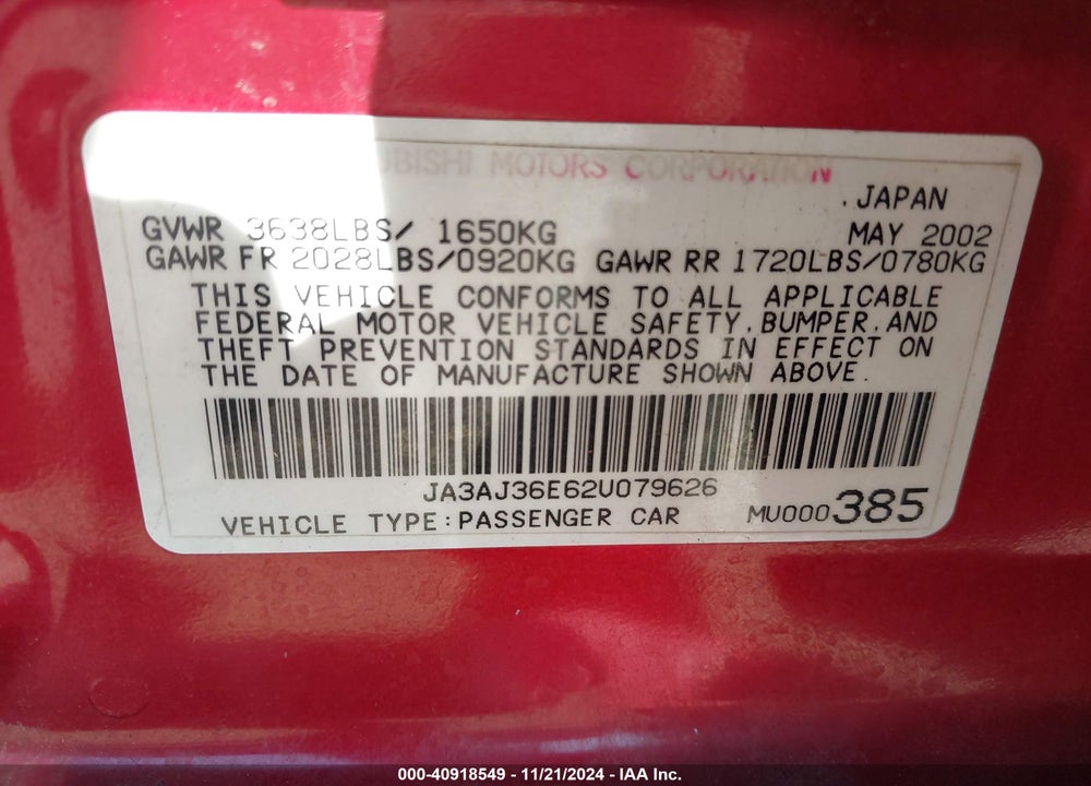 2002 MITSUBISHI LANCER LS VIN: JA3AJ36E62U079626