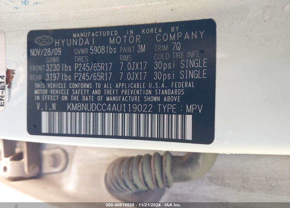 2010 HYUNDAI VERACRUZ GLS VIN: KM8NUDCC4AU119022