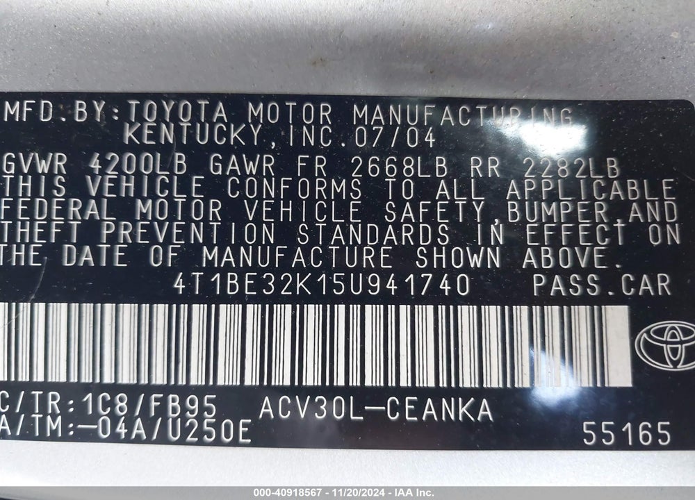 2005 TOYOTA CAMRY LE VIN: 4T1BE32K15U941740