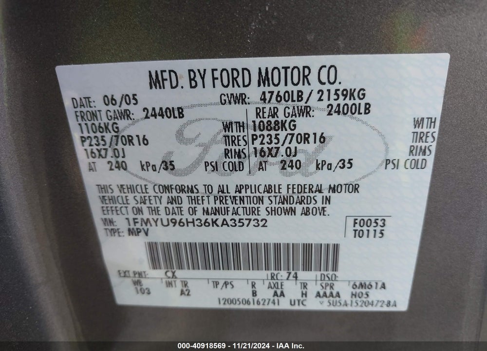 2006 FORD ESCAPE HYBRID VIN: 1FMYU96H36KA35732