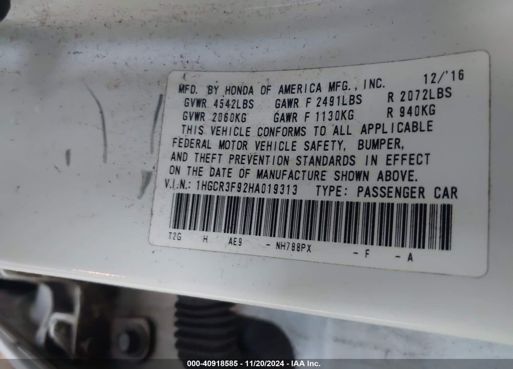 2017 HONDA ACCORD TOURING V6 VIN: 1HGCR3F92HA019313