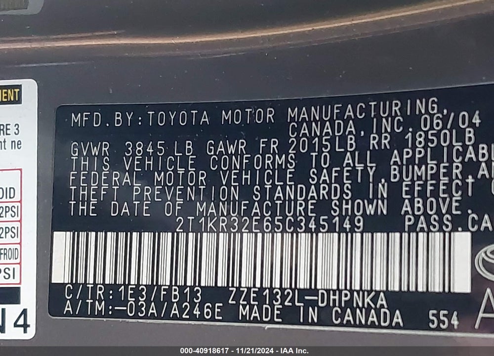 2005 TOYOTA MATRIX/XR VIN: 2T1KR32E65C345149