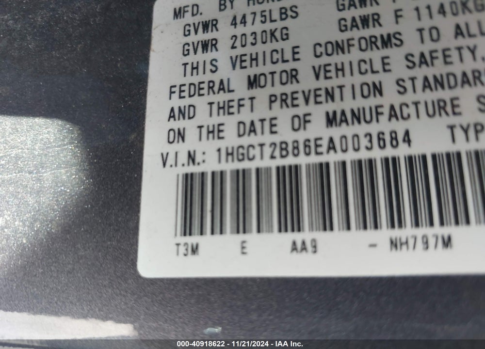 2014 HONDA ACCORD EX-L V-6 VIN: 1HGCT2B86EA003684