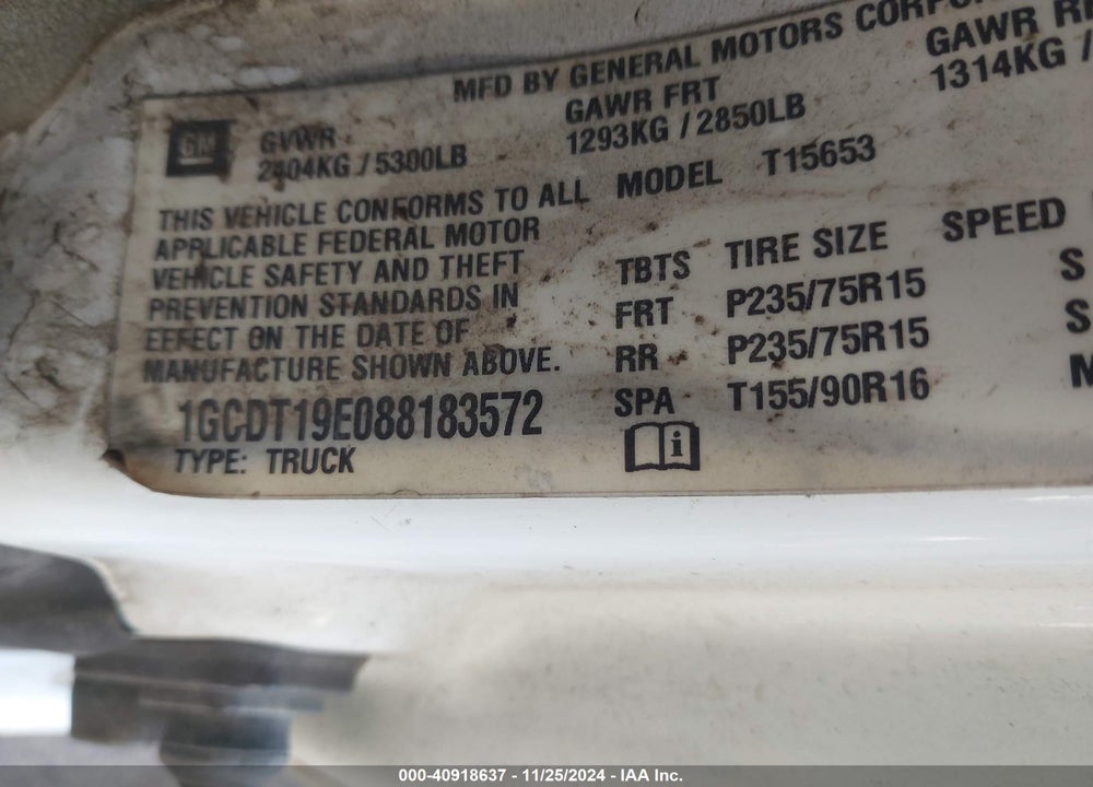 2008 CHEVROLET COLORADO WORK TRUCK VIN: 1GCDT19E088183572