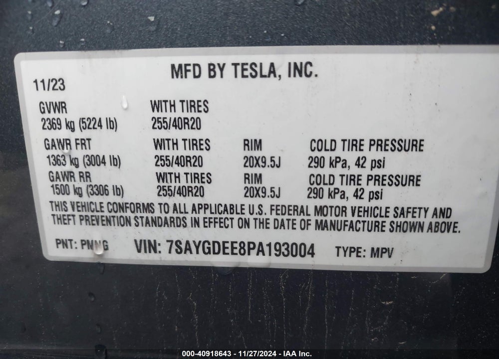 2023 TESLA MODEL Y AWD/LONG RANGE DUAL MOTOR ALL-WHEEL DRIVE VIN: 7SAYGDEE8PA193004