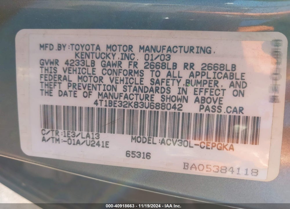 2003 TOYOTA CAMRY XLE VIN: 4T1BE32K83U688042
