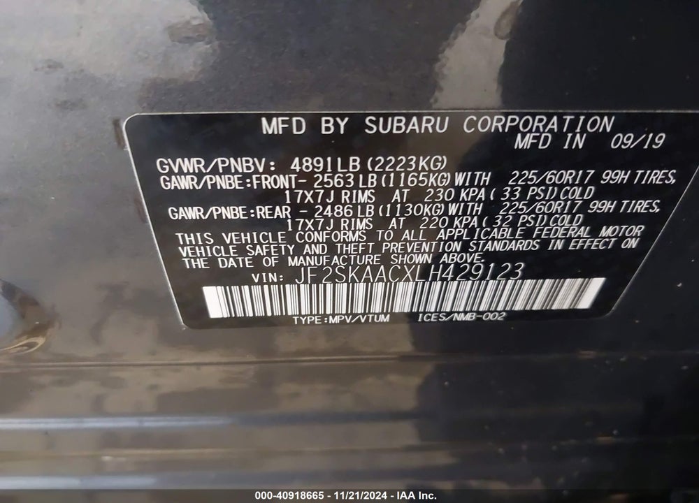 2020 SUBARU FORESTER VIN: JF2SKAACXLH429123