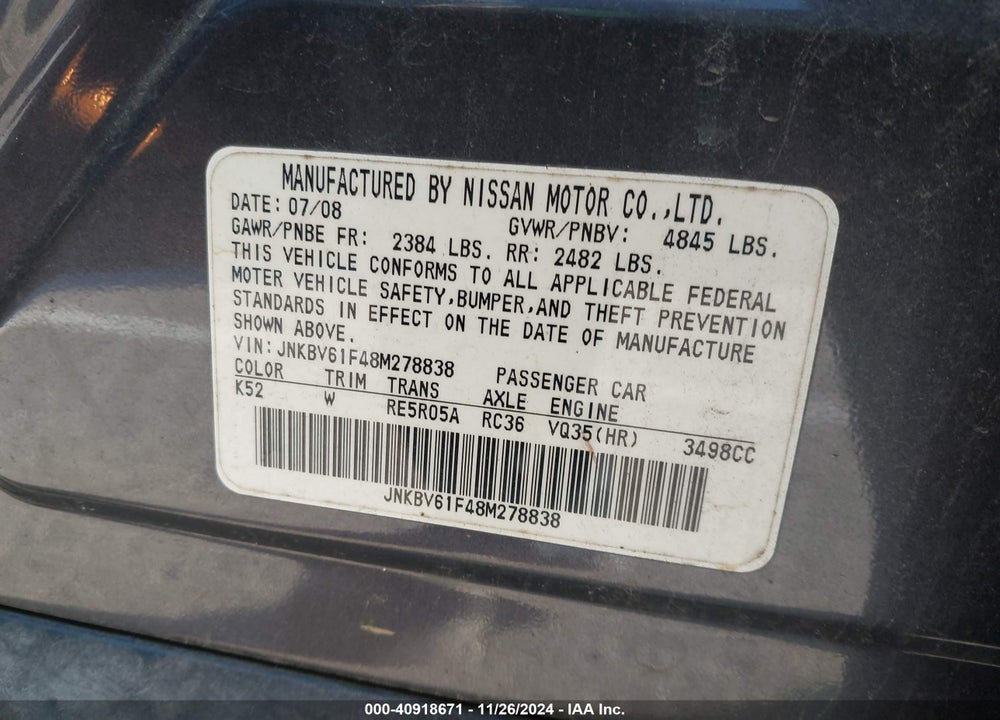 2008 INFINITI G35X VIN: JNKBV61F48M278838
