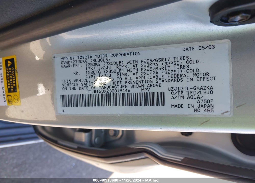 2003 LEXUS GX 470 VIN: JTJBT20X230019448