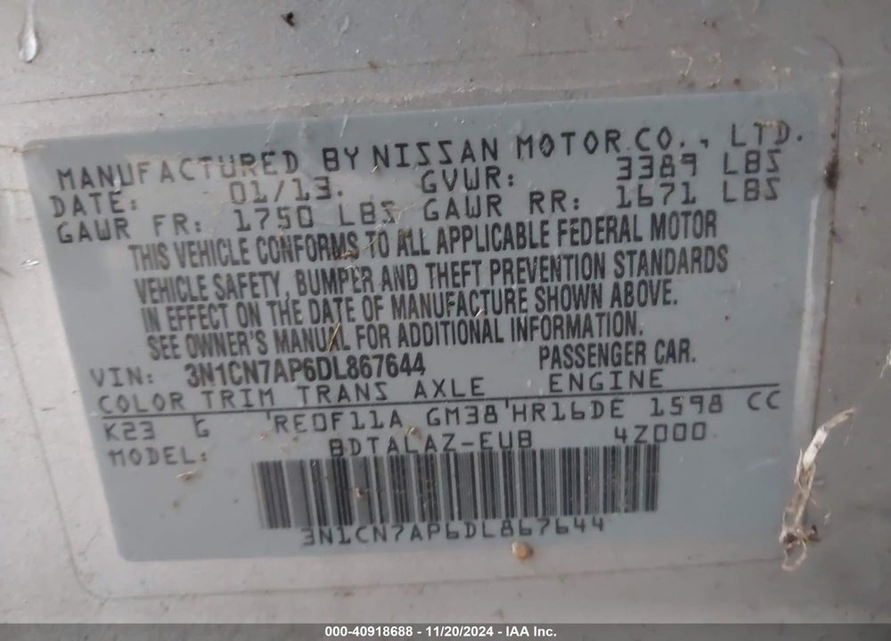 2013 NISSAN VERSA 1.6 S+ VIN: 3N1CN7AP6DL867644