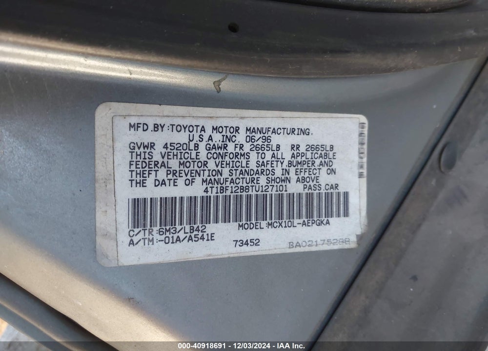 1996 TOYOTA AVALON XL/XLS VIN: 4T1BF12B8TU127101