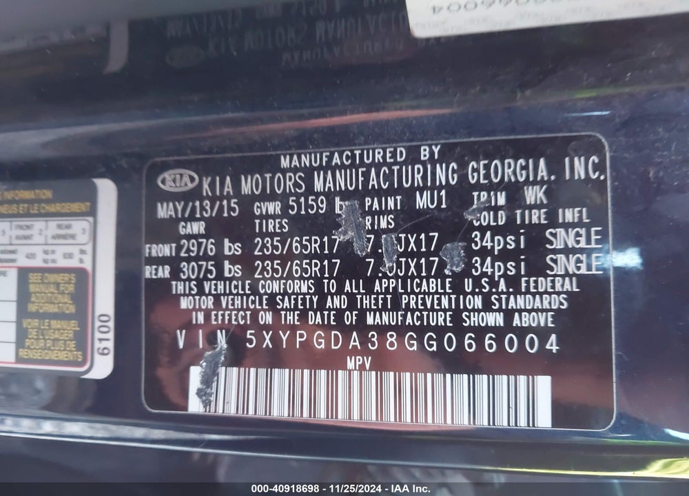 2016 KIA SORENTO 2.4L LX VIN: 5XYPGDA38GG066004