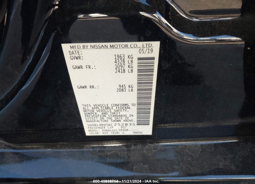 2019 NISSAN ALTIMA 2.5 S VIN: 1N4BL4BV5KC252835