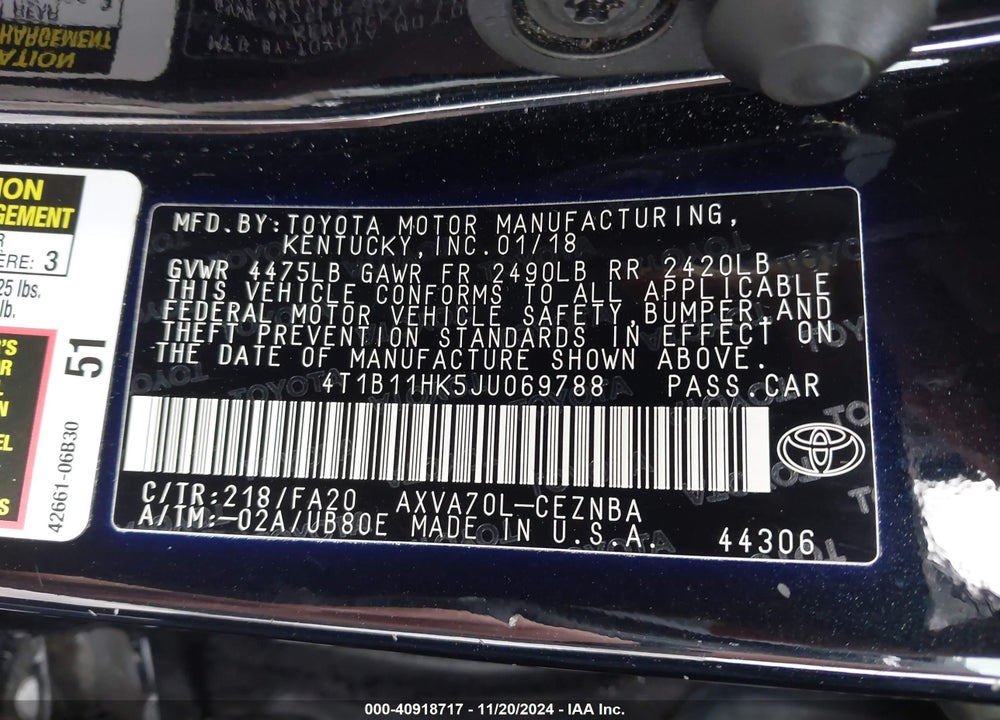 2018 TOYOTA CAMRY LE VIN: 4T1B11HK5JU069788